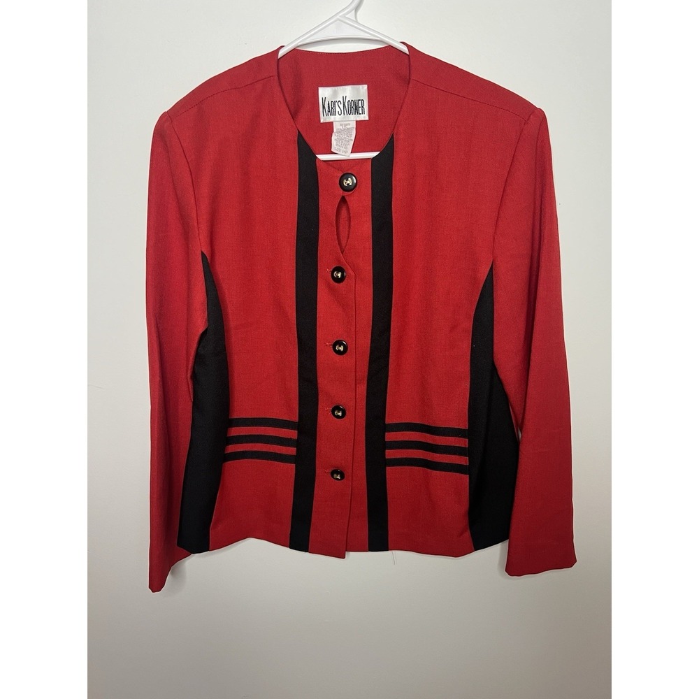 VTG Kari's Korner Women's‎ 14P Sports Coat Red Black Blazer Button Style #605